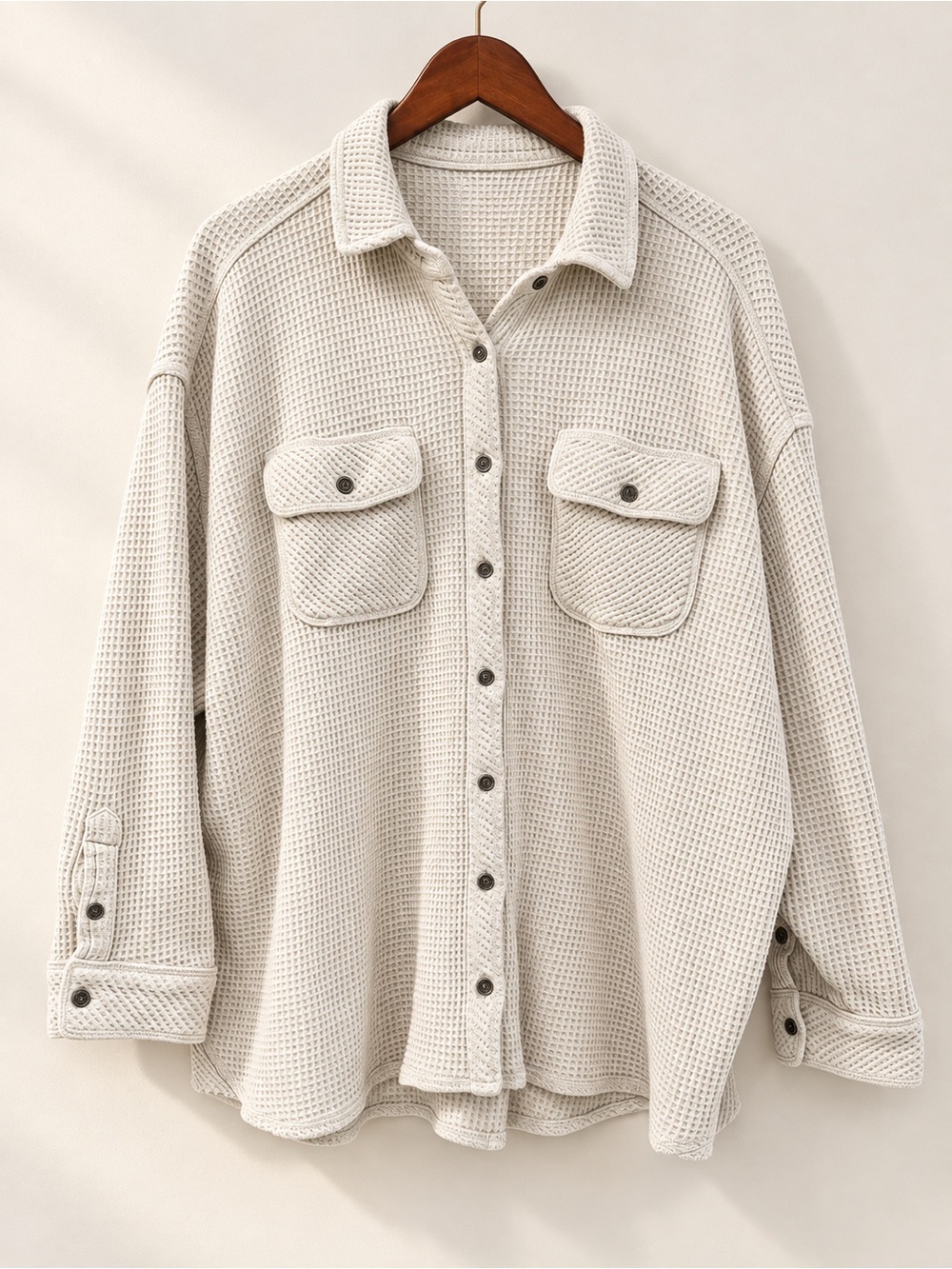 Aerie Cream Waffle Knit Oversized Button Down Shacket Size M